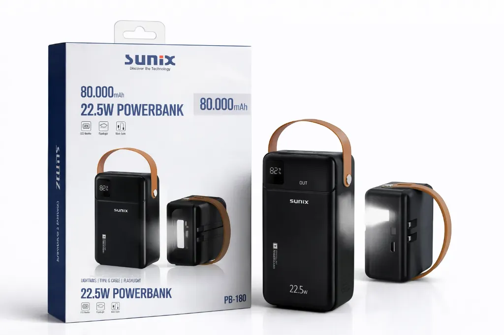 SUNIX PB-180 Powerbank 80.000mAh – 22.5W Fast Charge mit Lightning & Type-C + LED