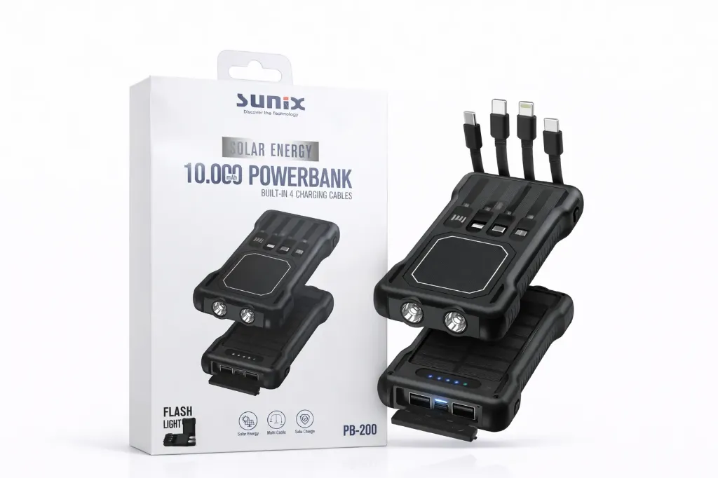 SUNIX PB-200 Solar Powerbank 10.000mAh – Outdoor – mit Kabel & Taschenlampe