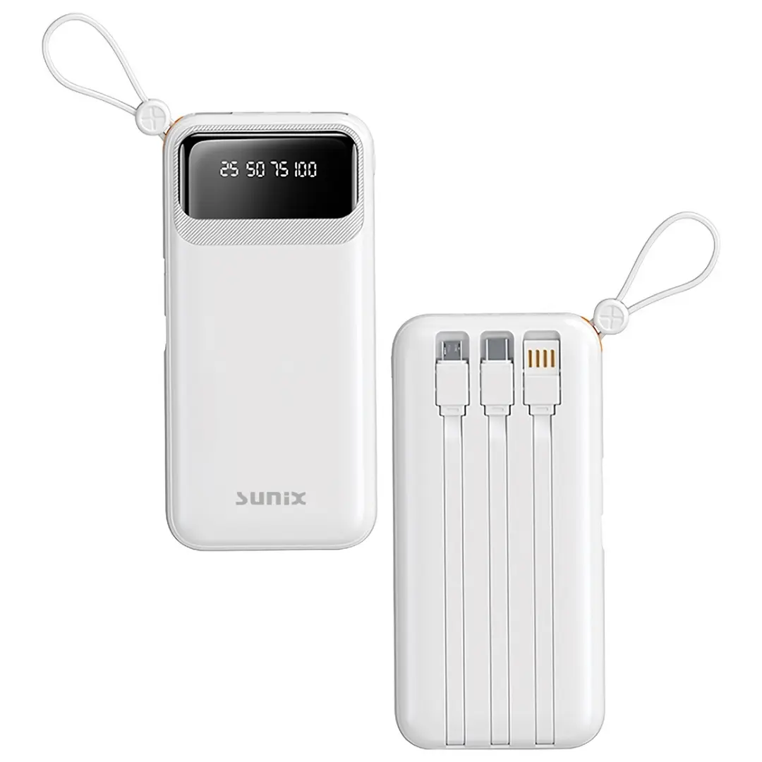 Sunix PB-120 Powerbank 10000mAh 4 Kabel LED Display Externer Akku - White